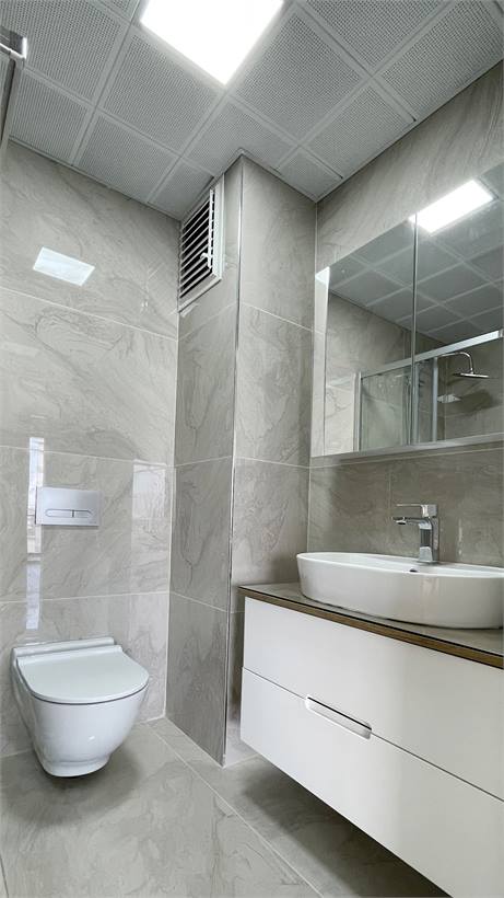 Aynalı dolap, lavabo ve asma klozetli banyo