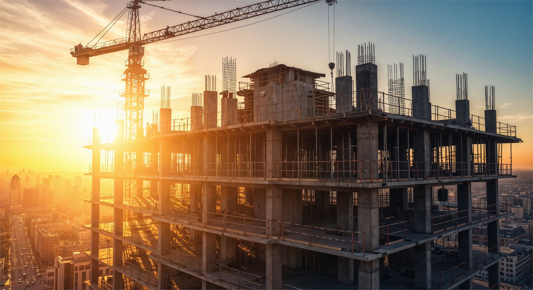 Gün batımında yükselen betonarme kaba inşaat ve kule vinç